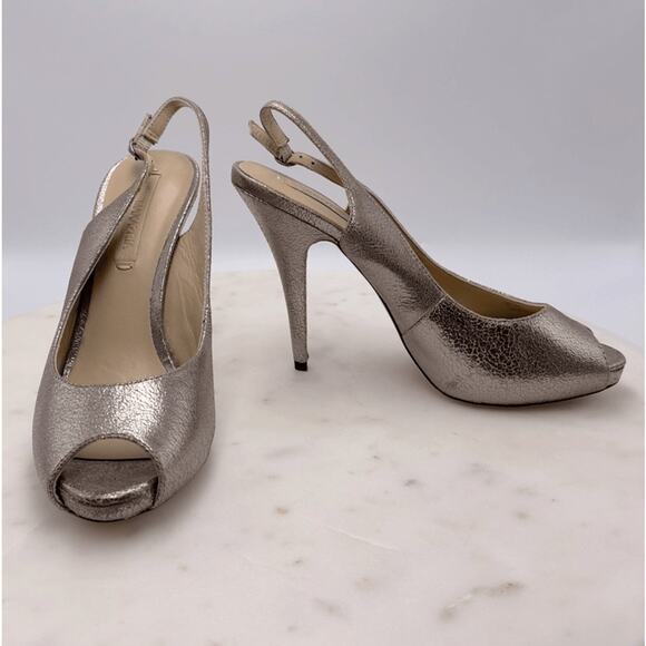BCBGMaxAzria BCBG LibbyMet Pewter Metallic Peep Toe Heels Pumps  Shoes Size 7.5 - Picture 1 of 13